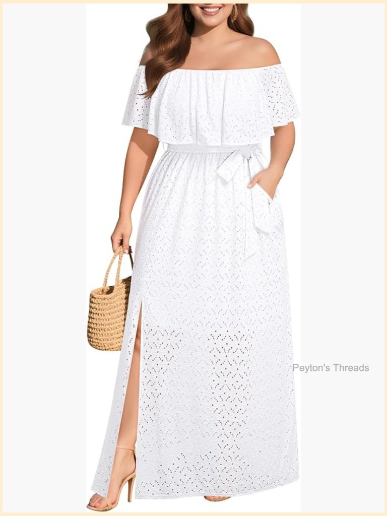 Off Shoulder Eyelet Maxi Dress With Pockets Plus Size